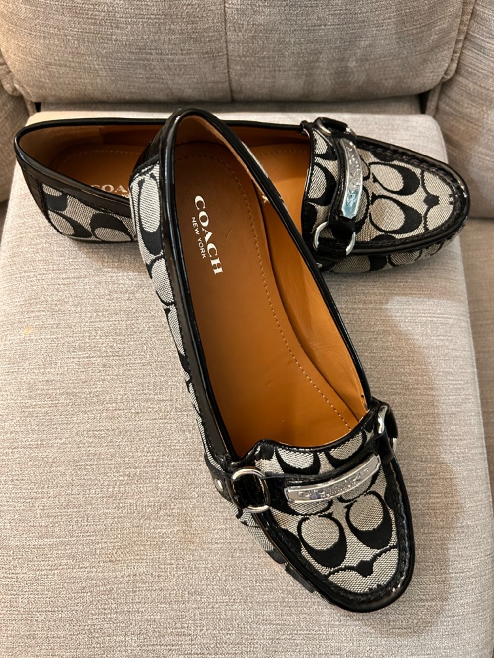Coach Black & Ivory Signature Canvas Loafers with Silver Hardware